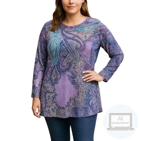 Chicos Womens Cool Paisley Button Sleeve Tunic Swing Fit Purple Size 2 | L - Picture 1 of 13